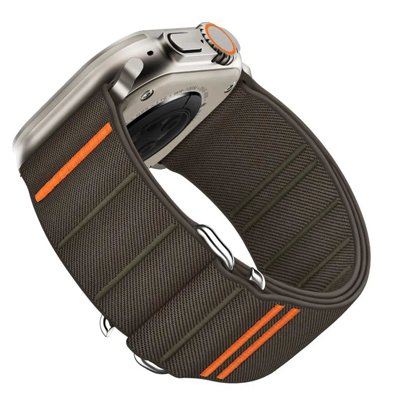 Elastic nylon Apple Watch replacement band with stainless steel buckle in various colours.