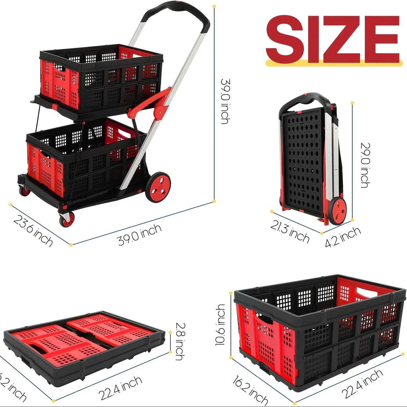 Blue foldable shopping trolley with two plastic baskets, shown upright and collapsed.