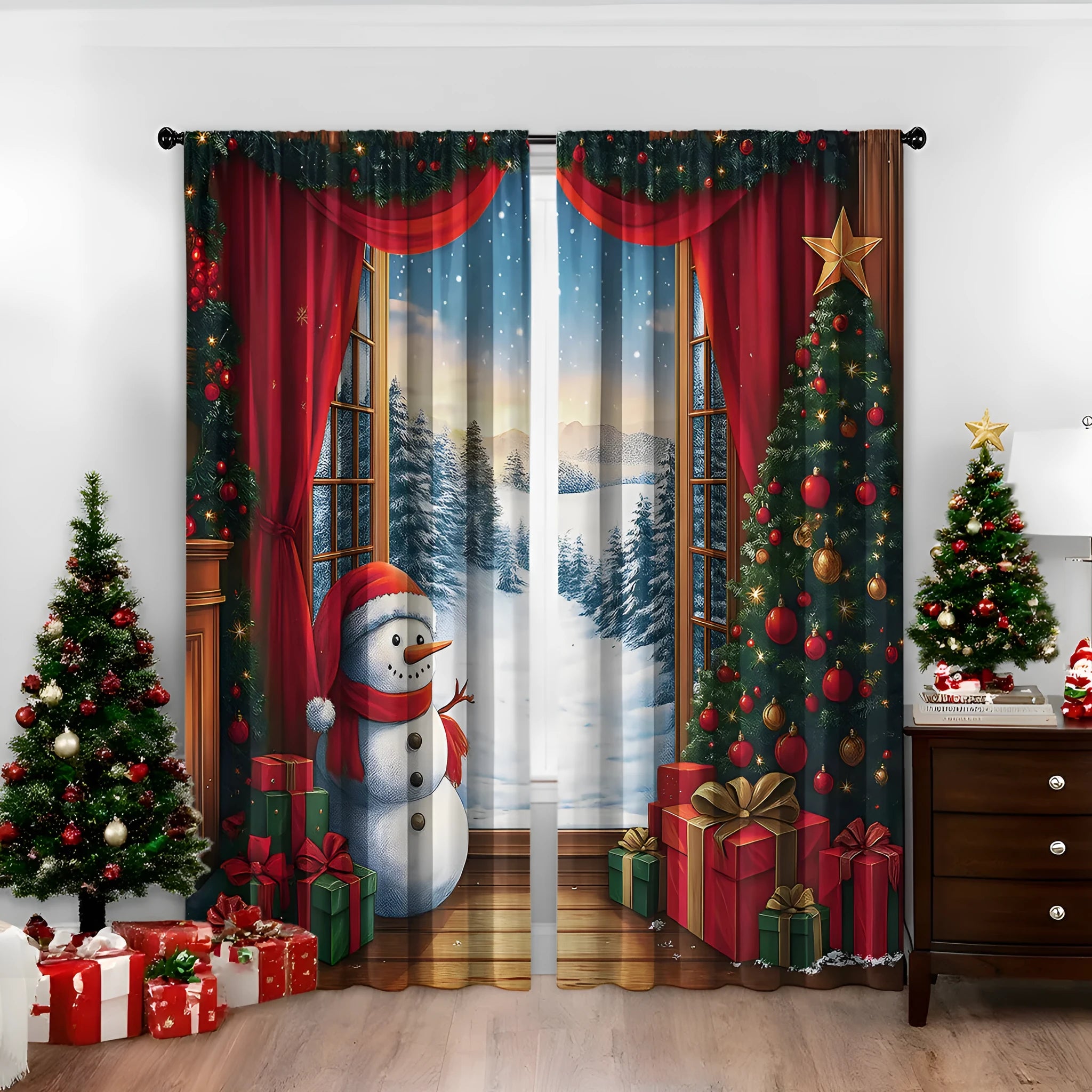 Pair of 3D digital printed Christmas curtains with a festive pattern on a window.