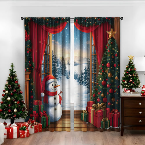 Pair of 3D digital printed Christmas curtains with a festive pattern on a window.