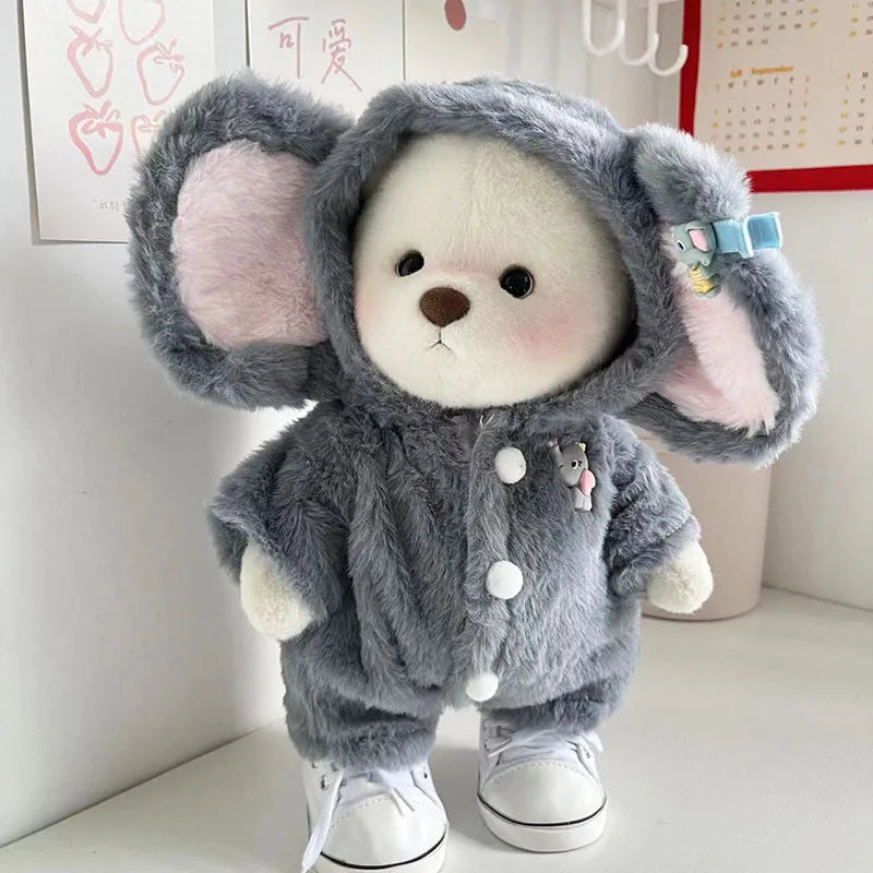 Grey elephant pattern one-piece jumpsuit for a 30cm tall plush teddy bear doll.