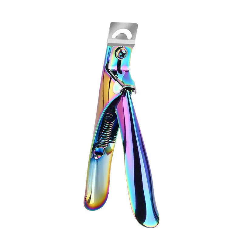 Stainless steel French U-shaped nail art scissors on a plain background.