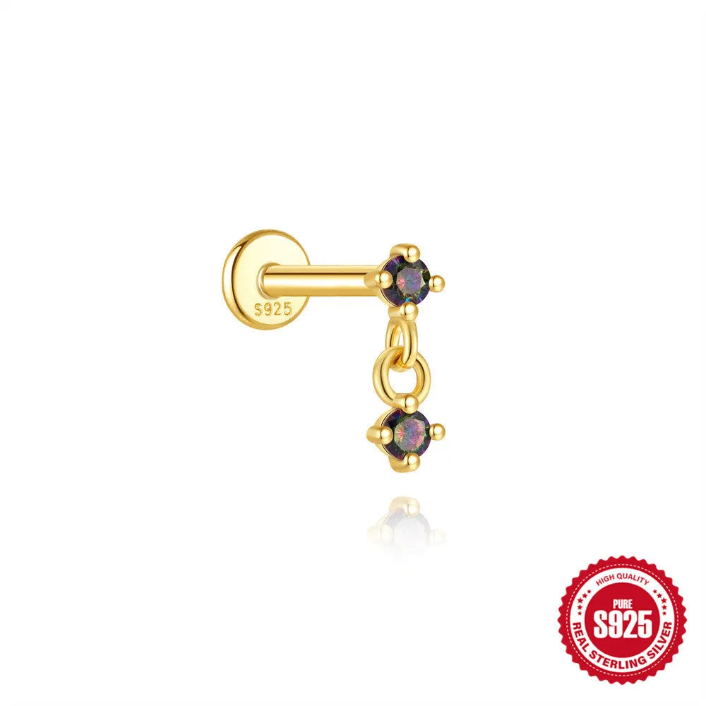 S925 sterling silver geometric earrings with rainbow stone and flat head thread post