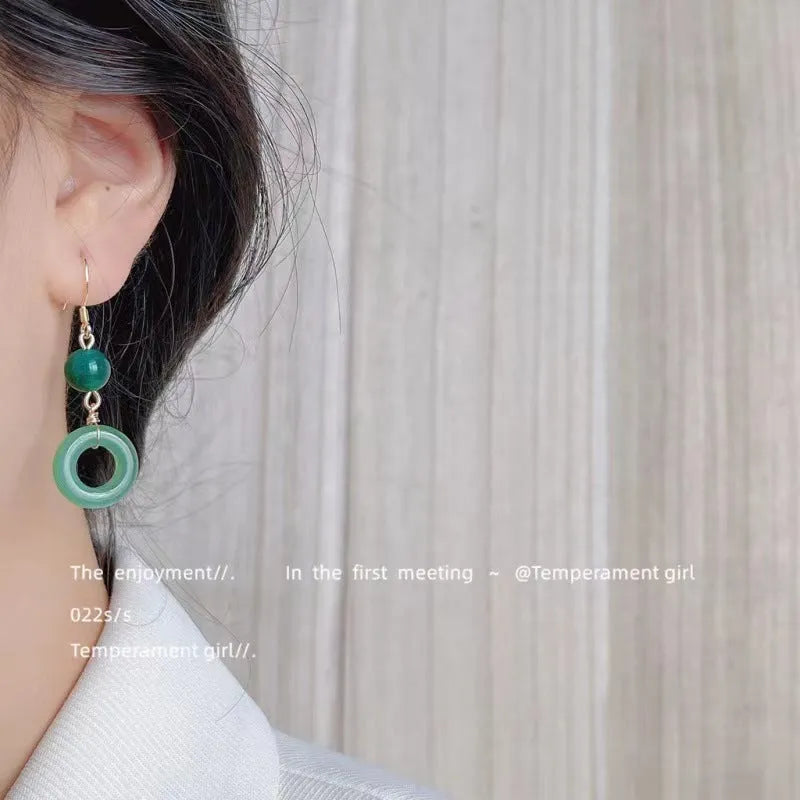 Green jade geometric Chinese style earrings with peace buckle design in 14K gold zinc alloy