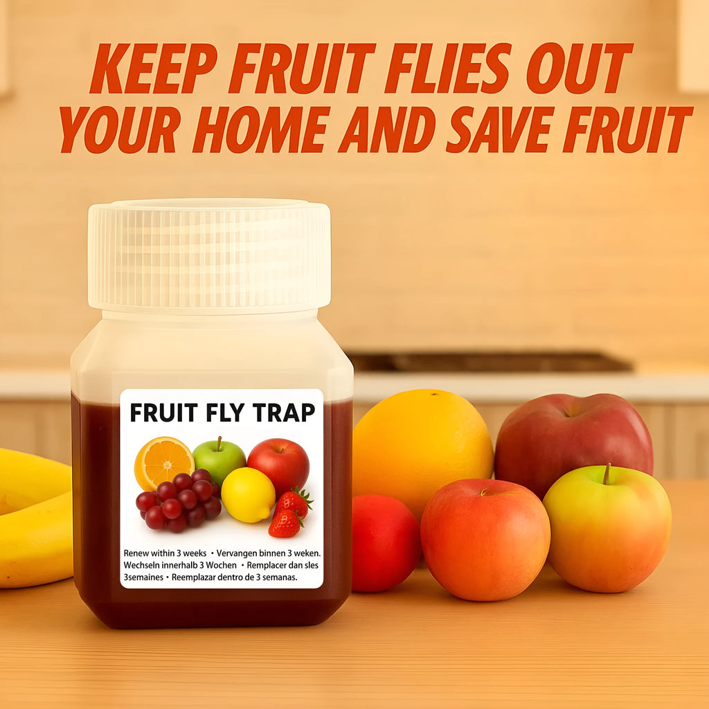 Bottle of fruit fly bait liquid with optional funnel component on a kitchen worktop.