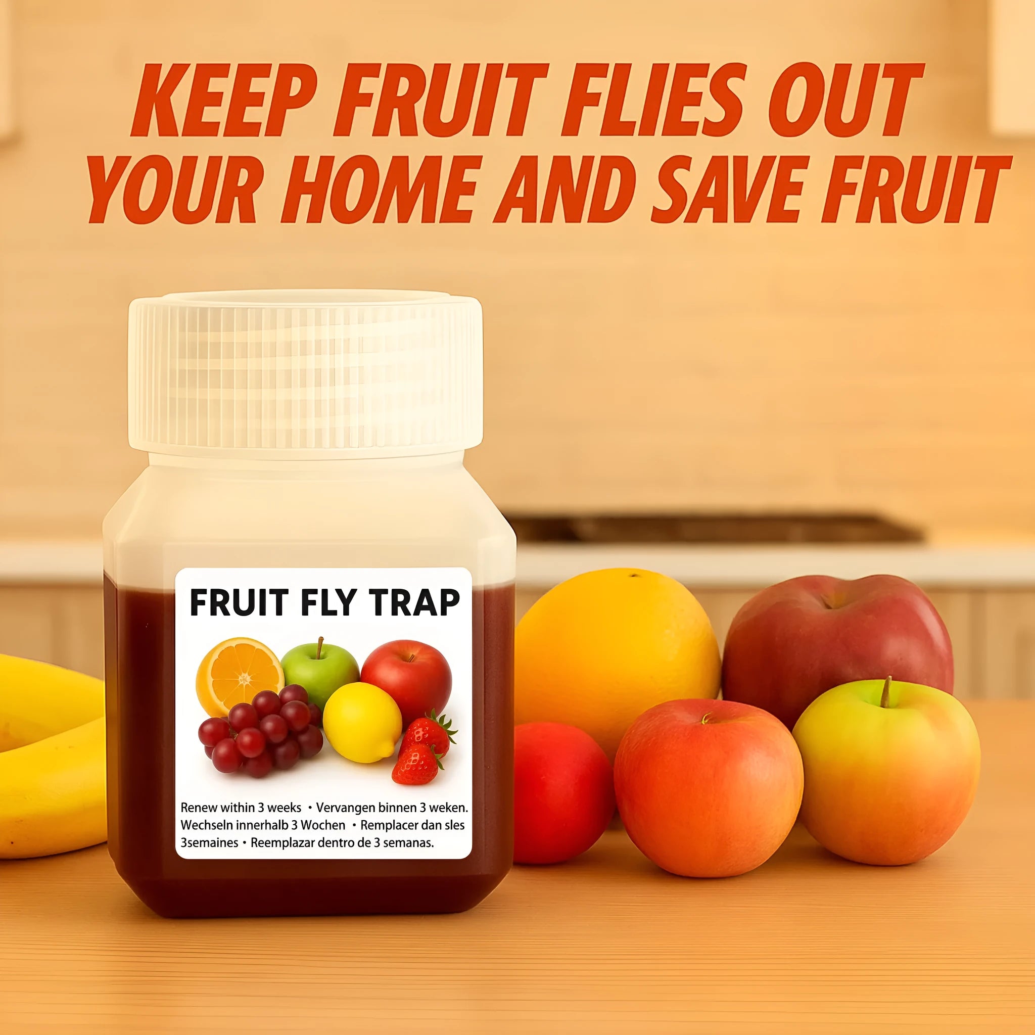 Bottle of fruit fly bait liquid with optional funnel component on a kitchen worktop.