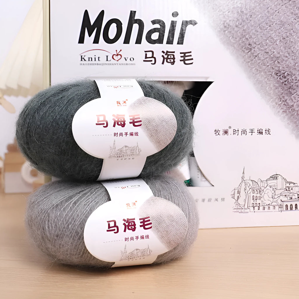 DIY mohair scarf kit showing a ball of mohair thread in a chosen colour next to an example of a hand-woven scarf