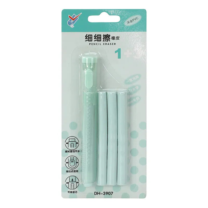 Push type automatic eraser for children in blue, green, pink, or purple colours measuring 12 by 8 centimetres