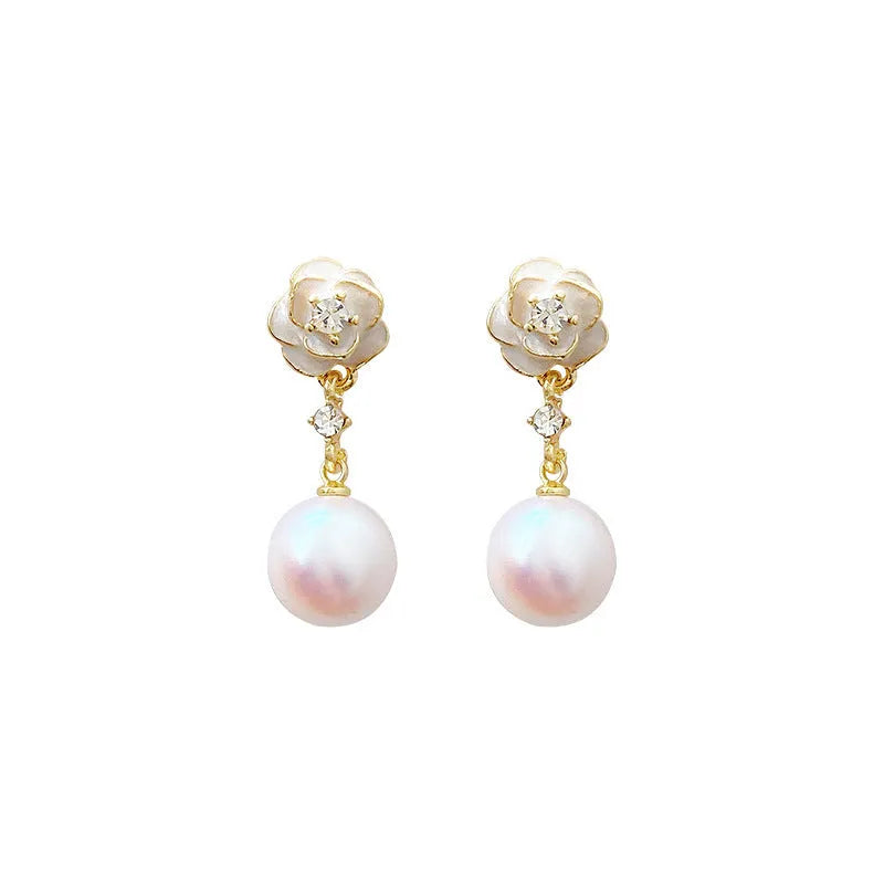 Camellia flower stud earrings in alloy metal with floral design