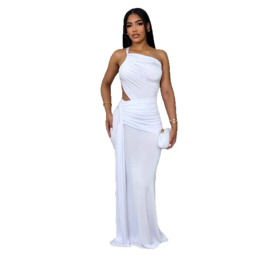 Women's one shoulder pleated maxi dress in green with sleeveless design and hip skirt cut