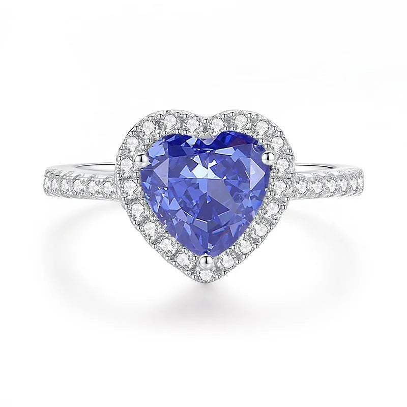 Heart-shaped sterling silver ring with a detailed ice flower cut colour zircon centre stone.