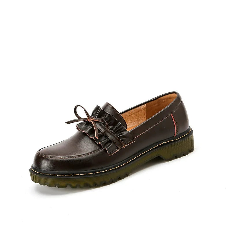 British style women's leather shoes with round head and chunky flat heel in black or brown