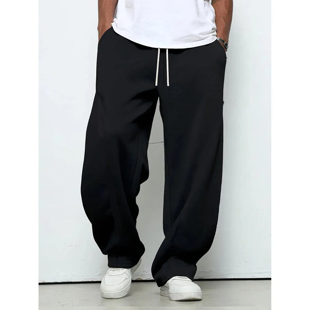 Men's straight leg casual trousers with drawstring waist in black, dark grey and light grey colours