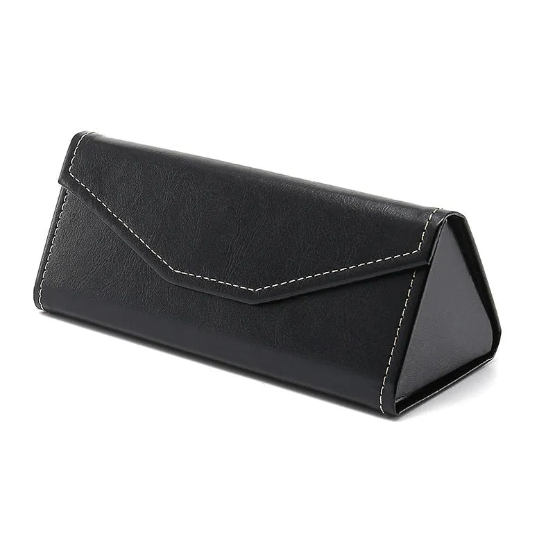Handmade PU cowhide glasses case in black colour measuring 160x66x16mm for triangle folding frames