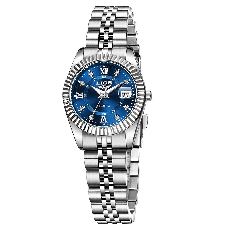 Waterproof fashion quartz watch for women with gold and silver colour options and 10mm thickness.