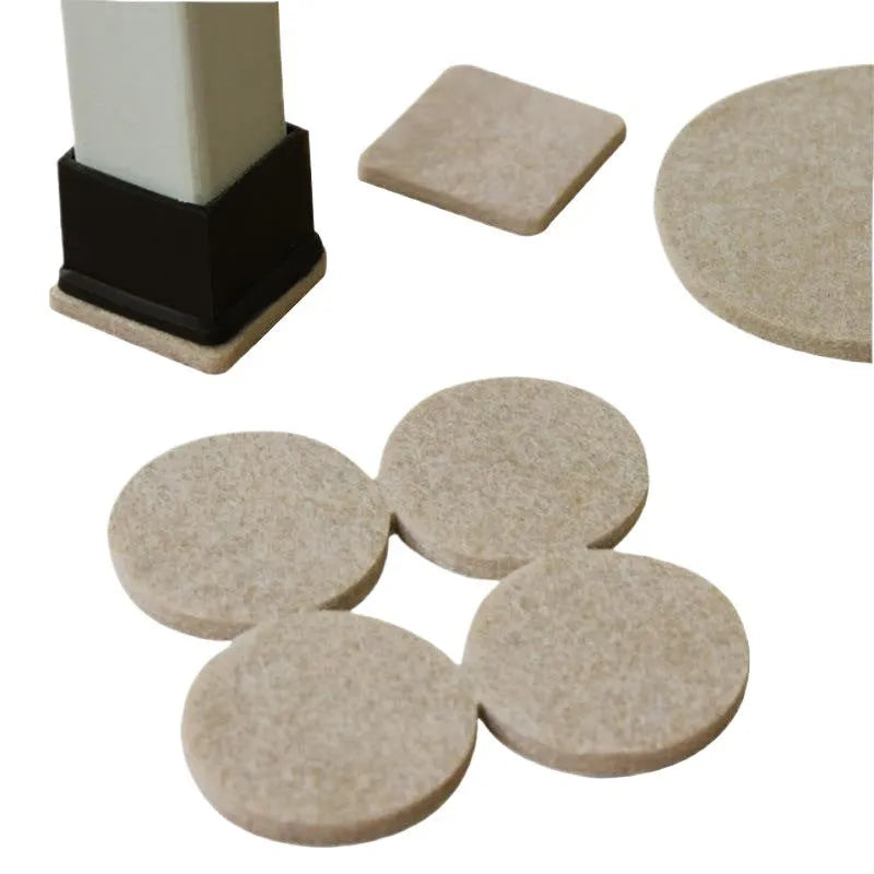Beige plastic furniture leg stoppers in square and round shapes showing five size options