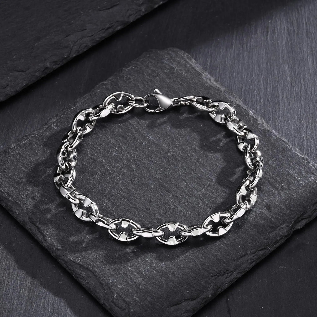 Handmade thick stainless steel geometric chain bracelet in steel colour for men's hip hop fashion