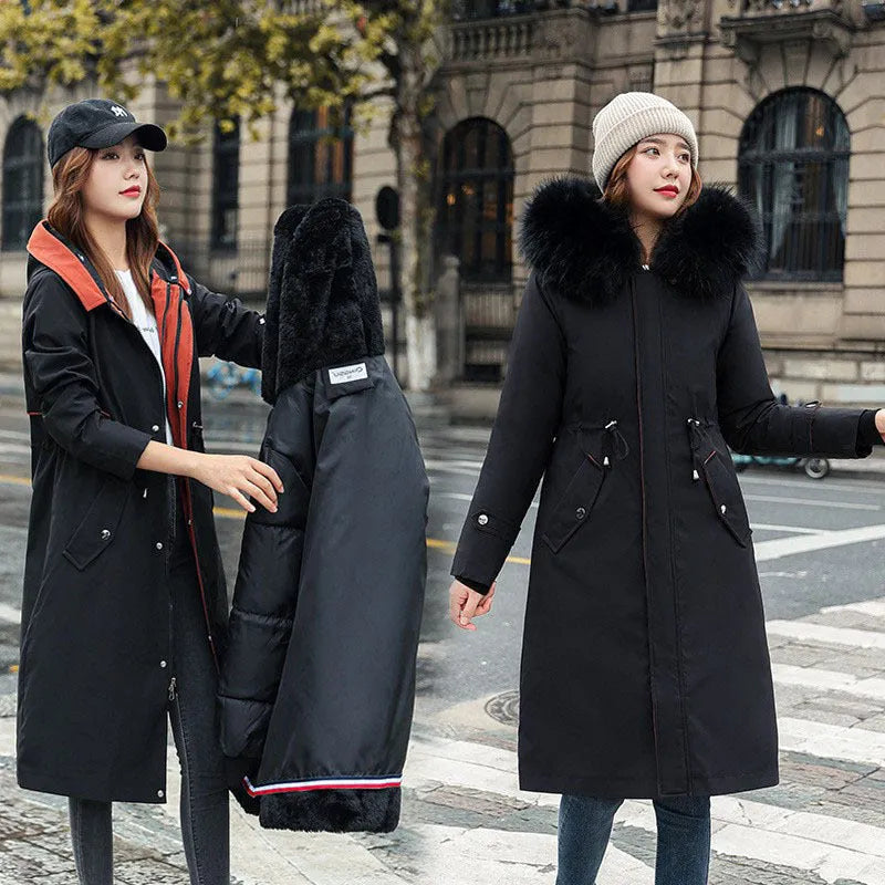 Women's long beige trench coat with a 100cm length, down cotton filler, and long sleeves shown in an elegant style.