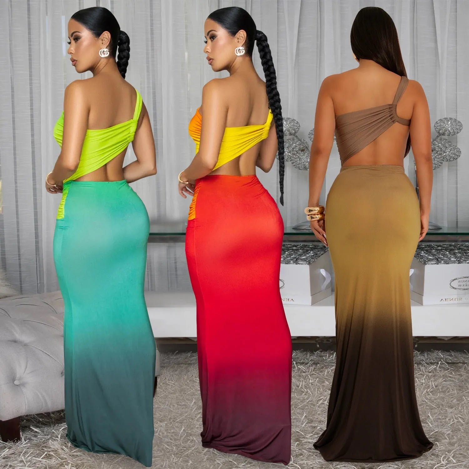 Women's sleeveless gradient colour dress with high waist and A-line long skirt.