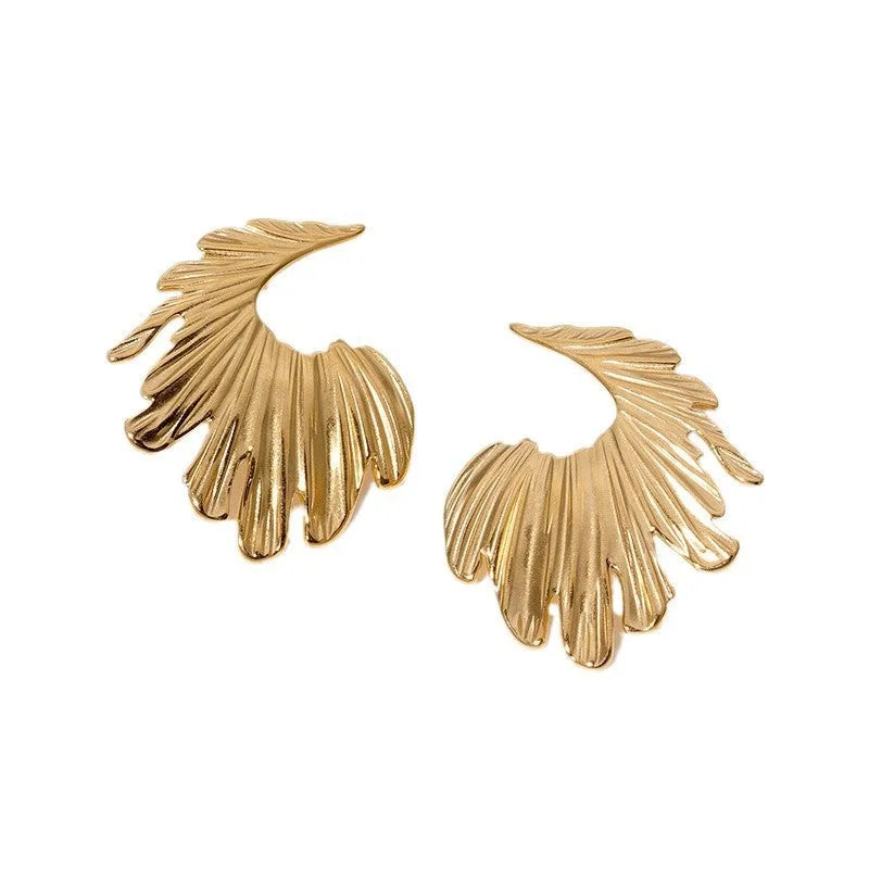 Gold and steel colour stainless steel leaf stud earrings with retro design