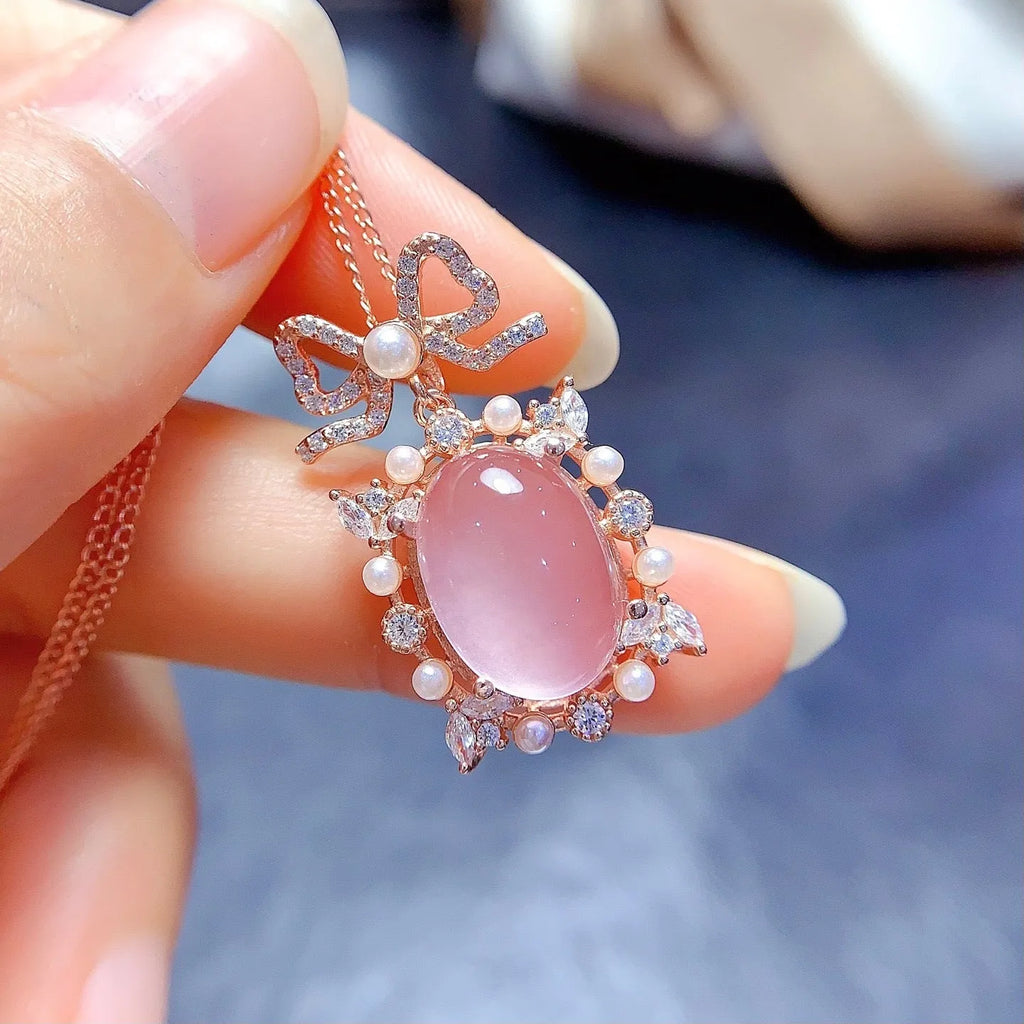 Geometric rose quartz pendant necklace on rose gold plated silver chain