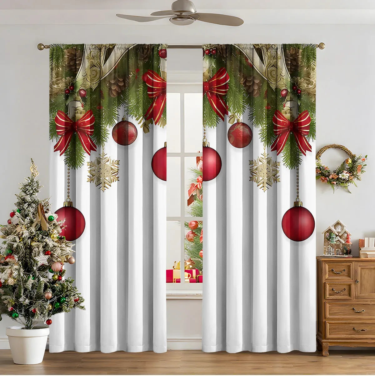 Pair of 3D digital printed Christmas curtains with a festive pattern on a window.