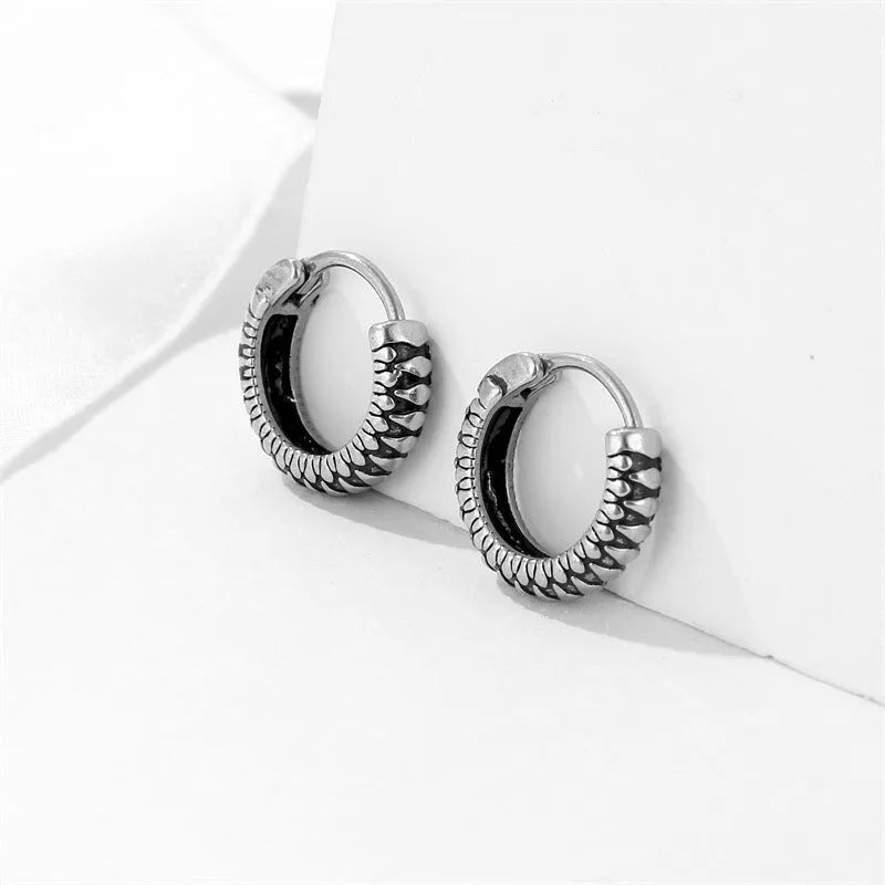 Silver geometric stainless steel earrings with retro twist stripe design