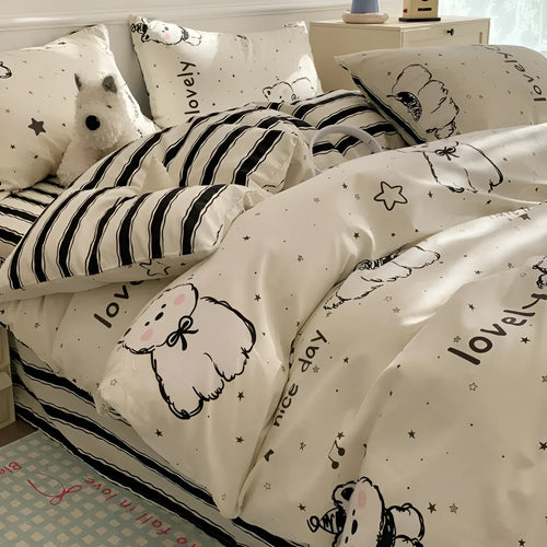 Cartoon dog pattern cotton four-piece bedding set with duvet cover, fitted sheet, and pillowcases