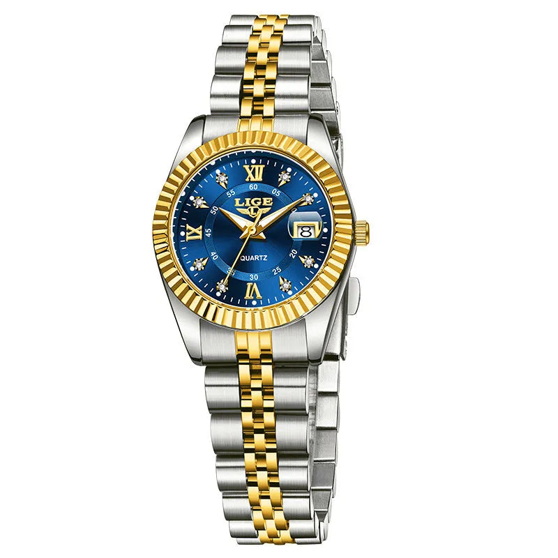 Waterproof fashion quartz watch for women with gold and silver colour options and 10mm thickness.