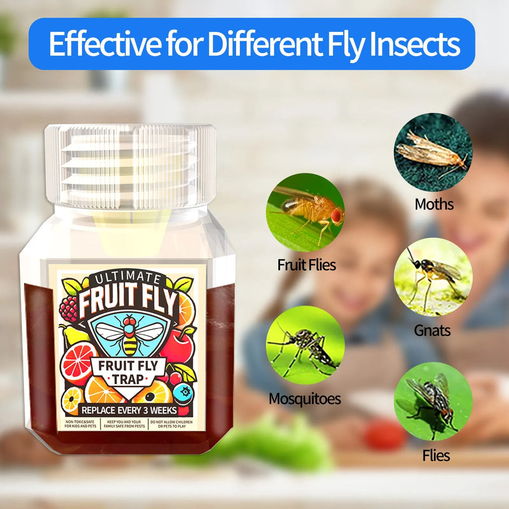 Bottle of fruit fly bait liquid with optional funnel component on a kitchen worktop.