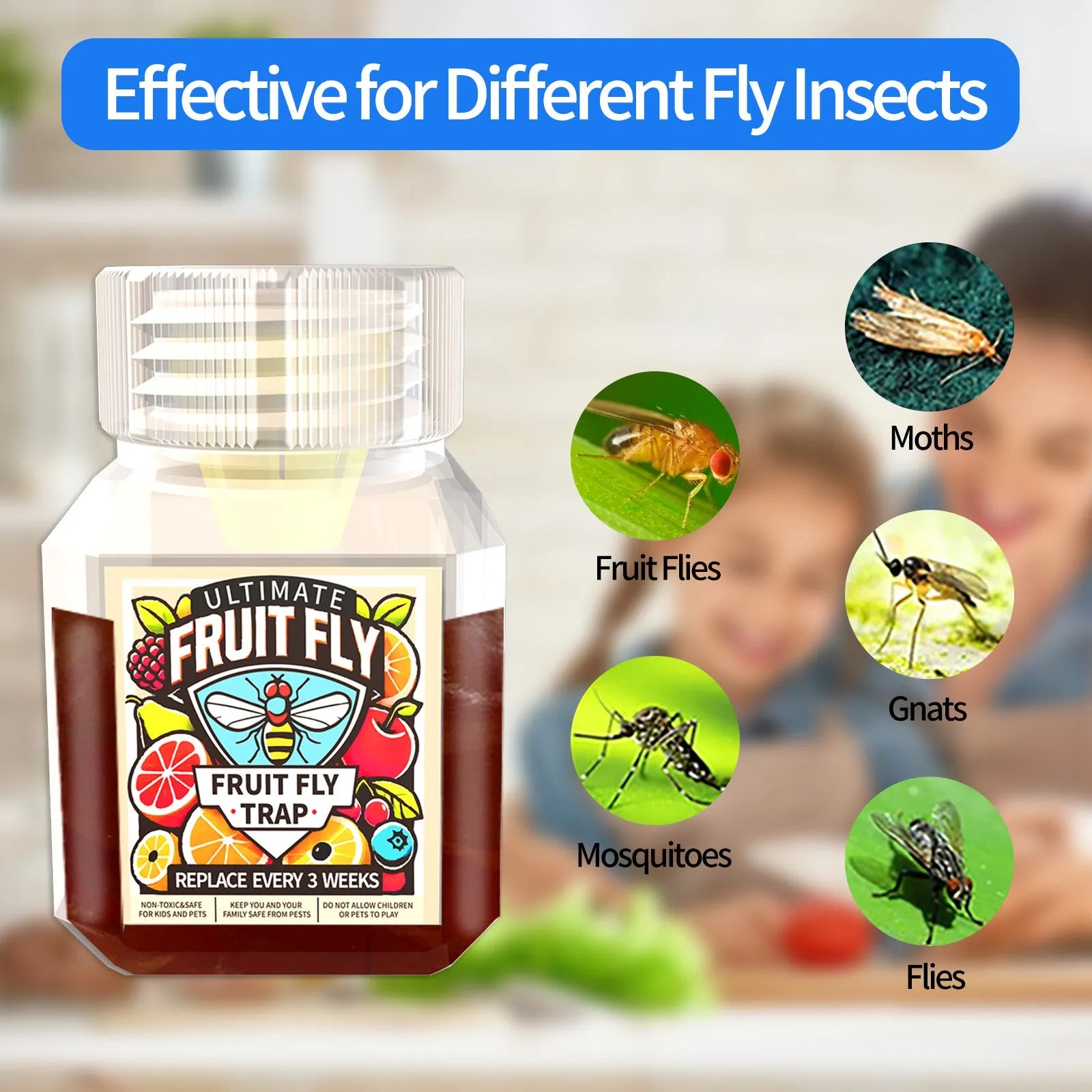 Bottle of fruit fly bait liquid with optional funnel component on a kitchen worktop.