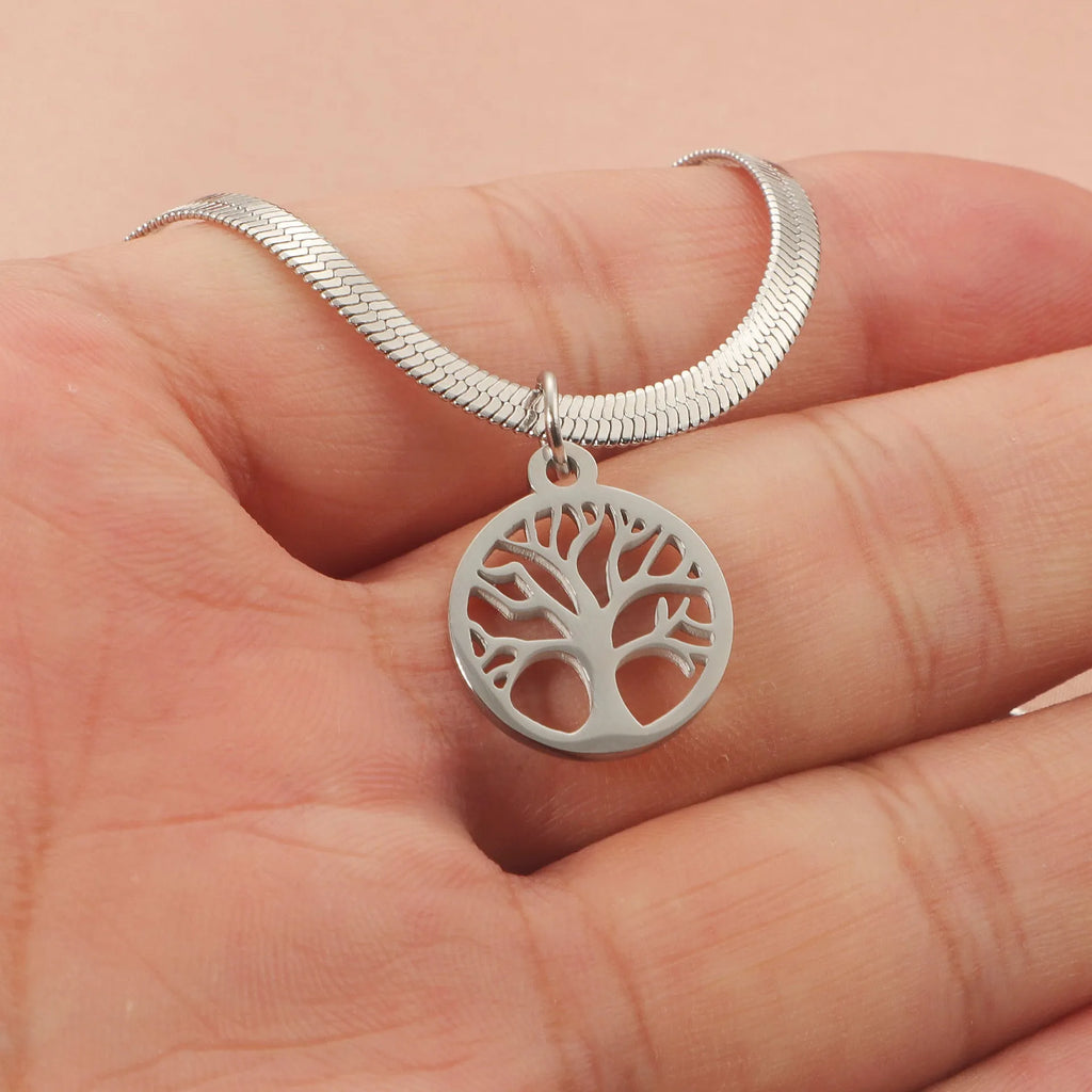Stainless steel necklace with lucky tree pendant on a textured snake bones chain.
