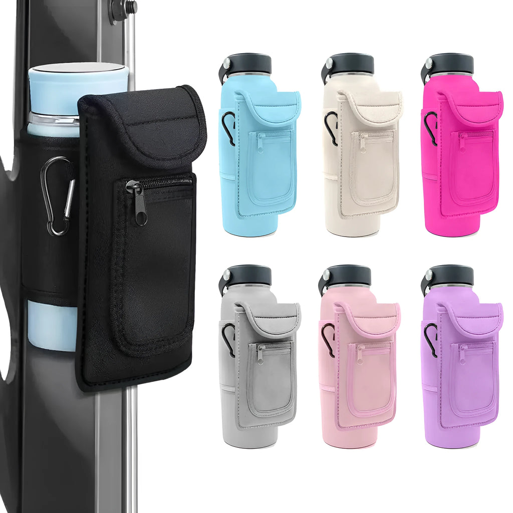 Cloth sports bottle cover with magnetic closure in rose red colour, shown on a large fitness kettle.