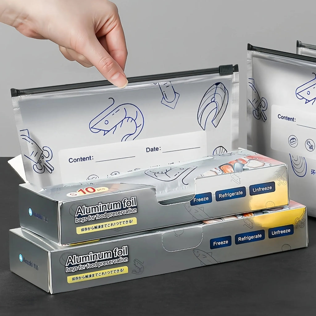Aluminium foil fresh-keeping bags in three sizes with resealable closure for food storage