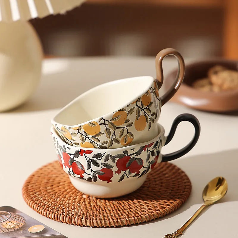Antique style ceramic coffee cup and saucer set with medieval pattern, 210ml capacity, in black or orange.