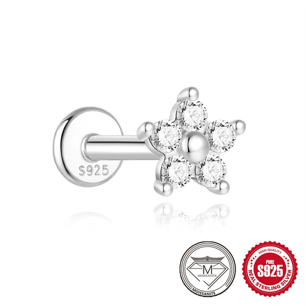 Sterling silver geometric stud earrings with petal design in platinum finish