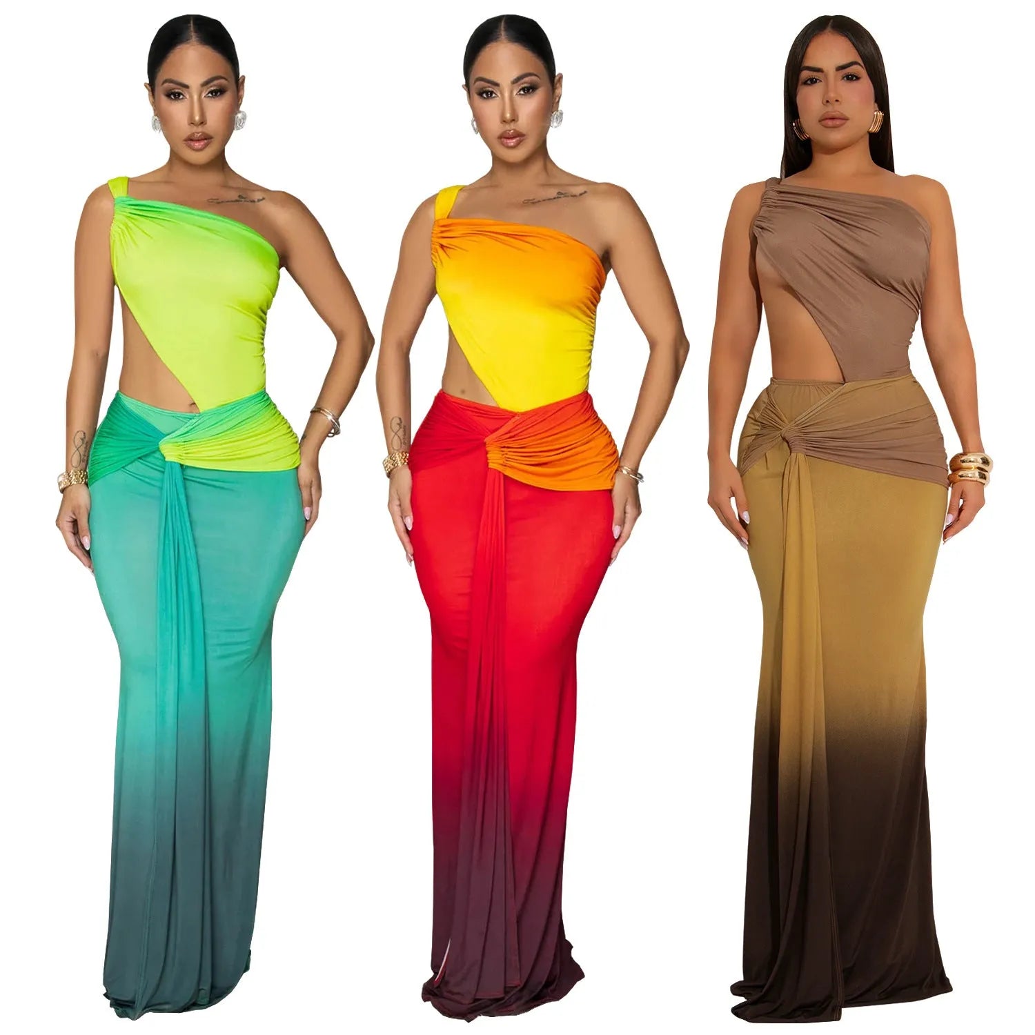 Women's sleeveless gradient colour dress with oblique shoulder style and high waist.