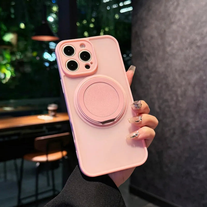Magnetic suction pivot phone case with invisible bracket and frosted finish for iPhone