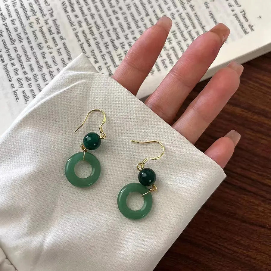 Green jade geometric Chinese style earrings with peace buckle design in 14K gold zinc alloy