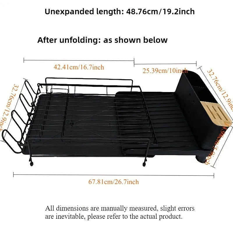 Retractable kitchen drain rack holding cutlery and cups with foldable carbon steel frame