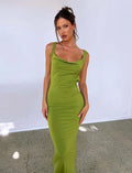 Women's backless sling dress with spaghetti straps in milk silk fabric, showing high waist and hip skirt design