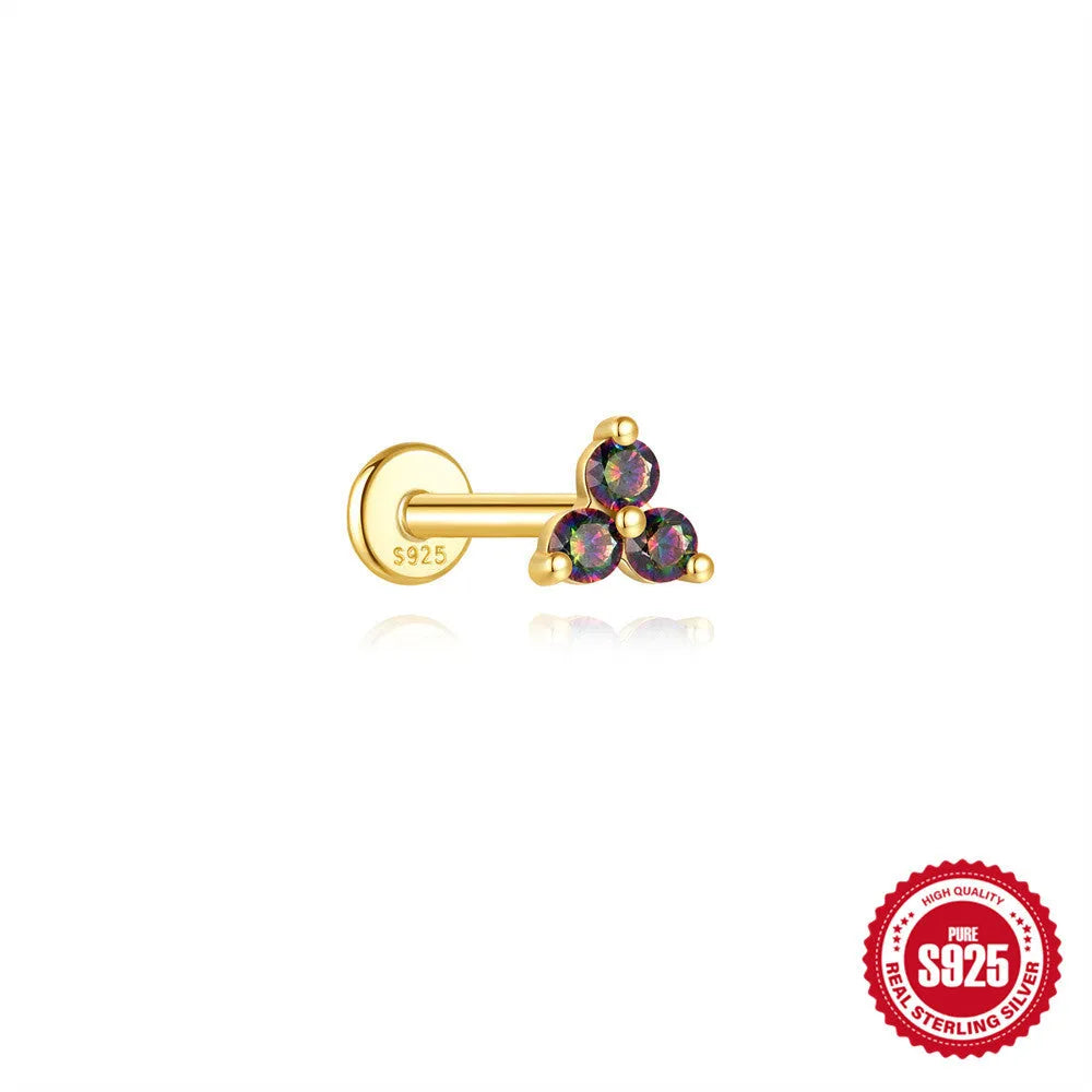 S925 sterling silver geometric flat head thread piercing earrings with rainbow stone finish in gold colour