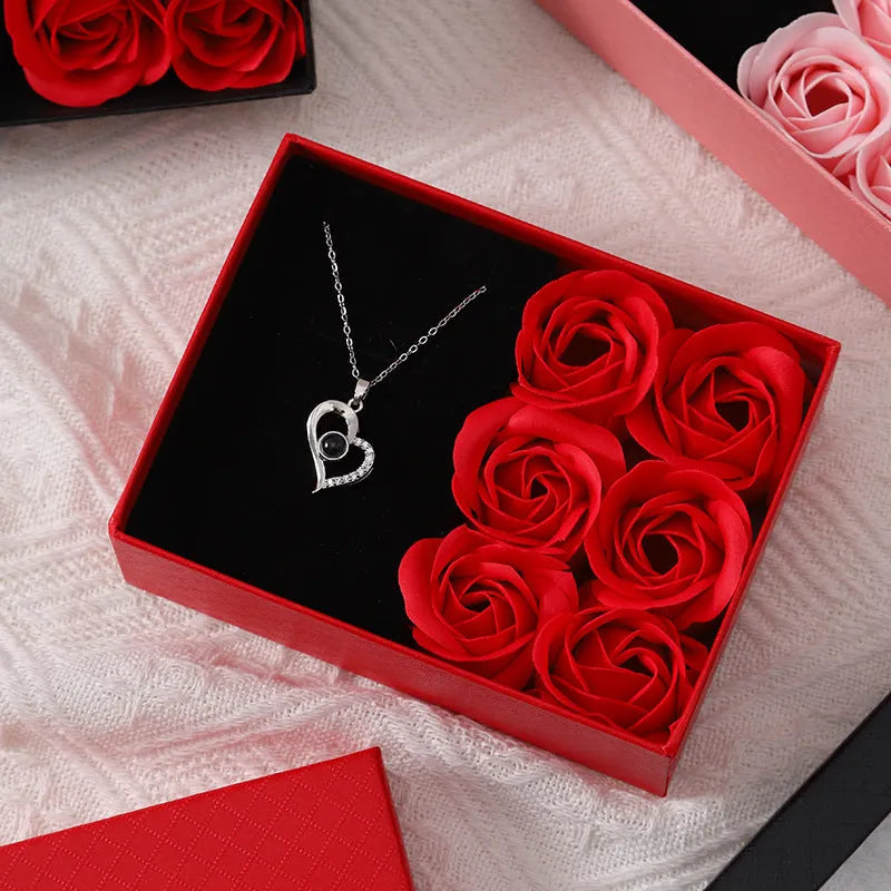 Red soap flower gift set with six roses in a box and matching handbag, Korean style decoration.