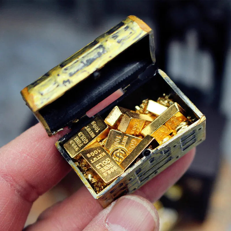Miniature alloy gold coin and gold bar doll house accessory ornaments on display.