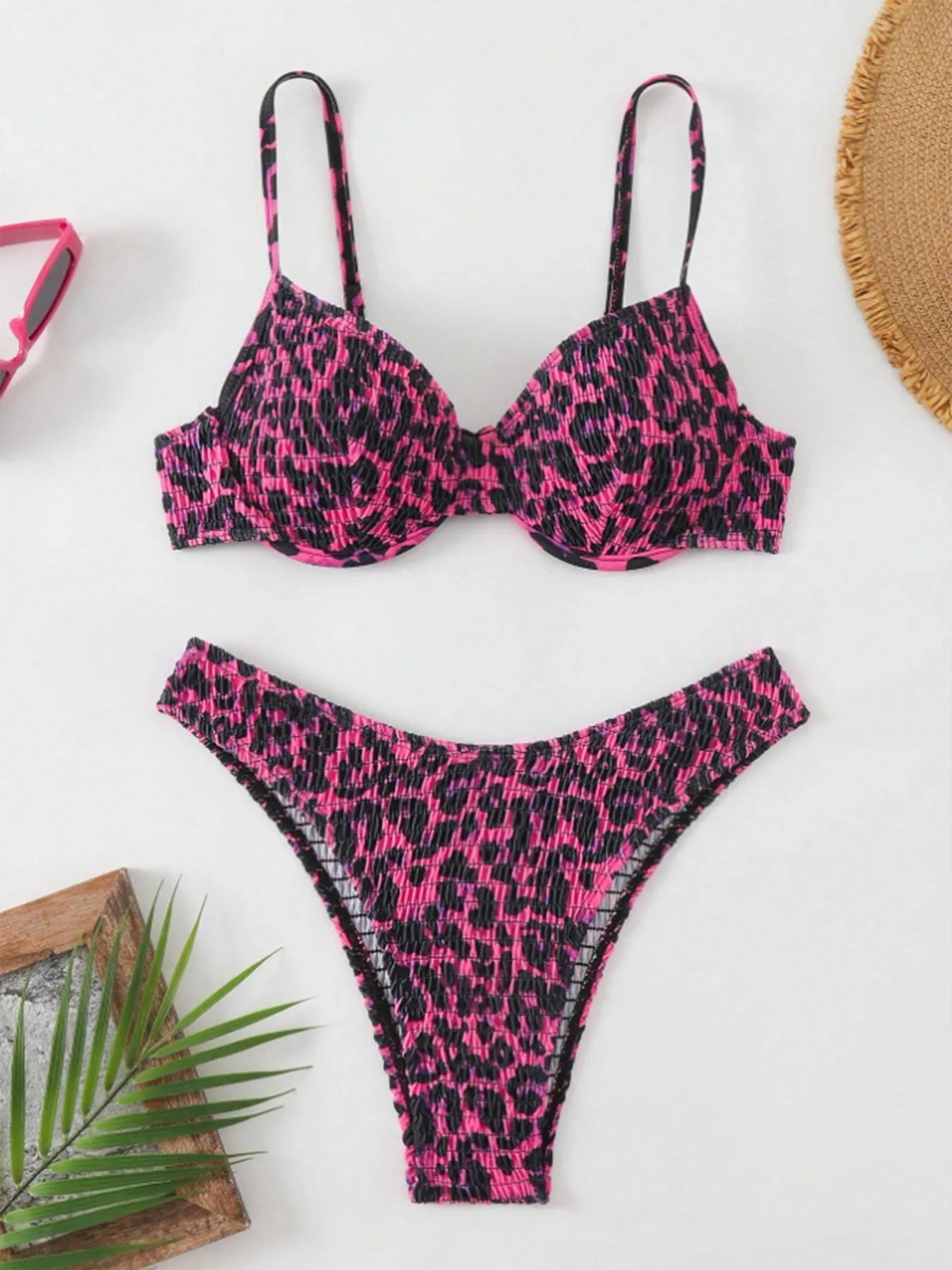 Leopard print backless bikini swimsuit for women in brown mixed colour