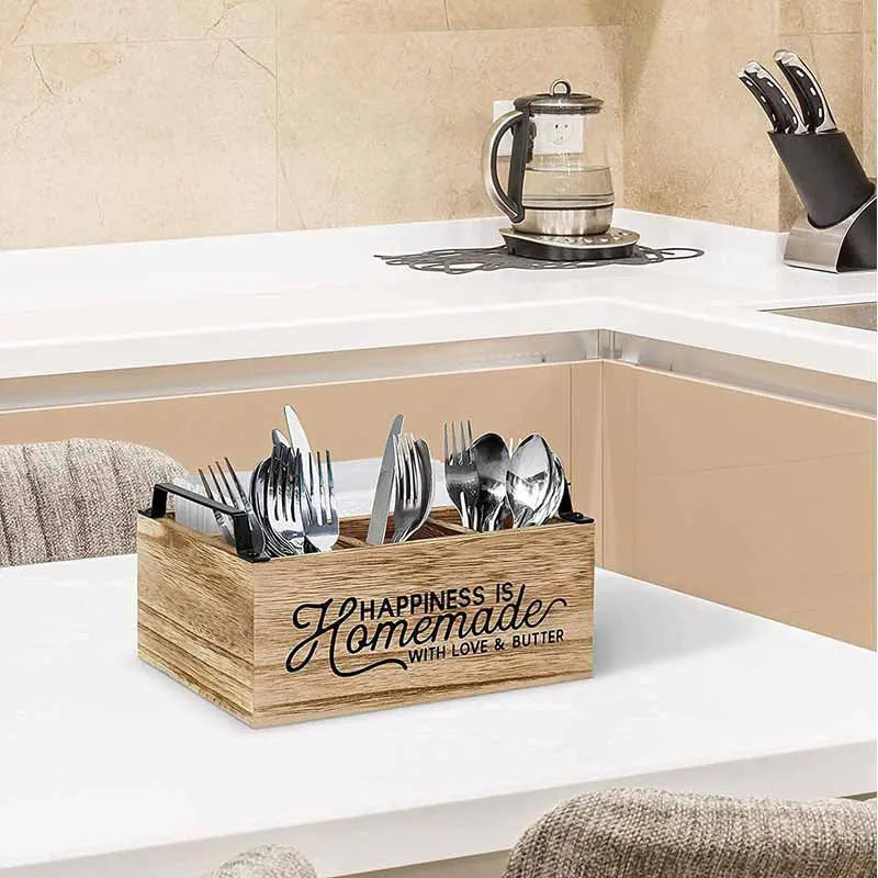 Wooden kitchen storage box with grid dividers for organising tableware