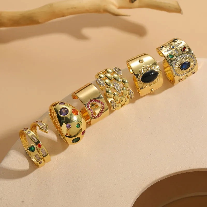 Geometric Chinese style ring with zircon stones in horse eye black colour on copper base