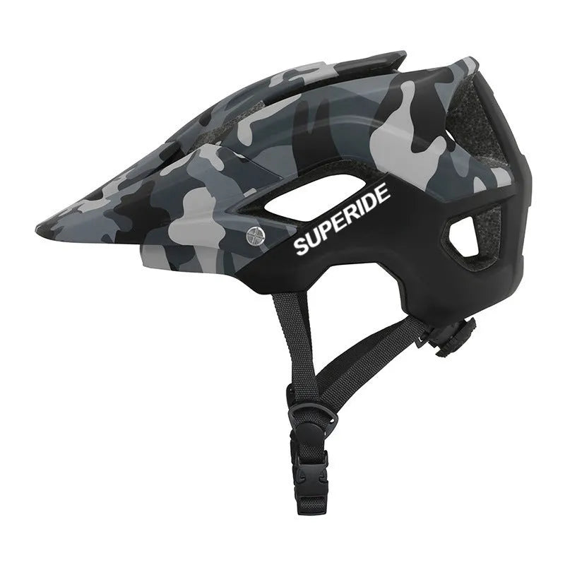 Ultra-light breathable mountain bike helmet with PC shell, camouflage colour, side view