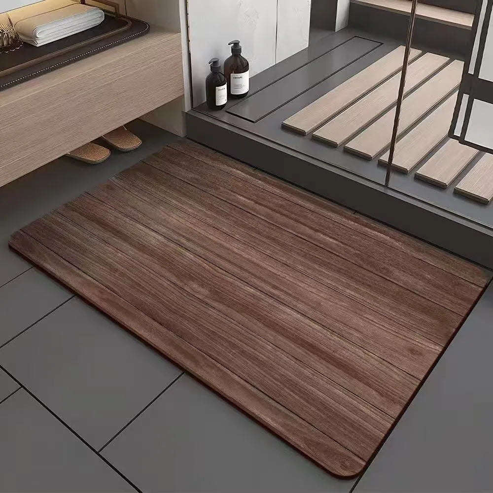 Square American wood grain pattern diatom mud bathroom floor mat on tiles.