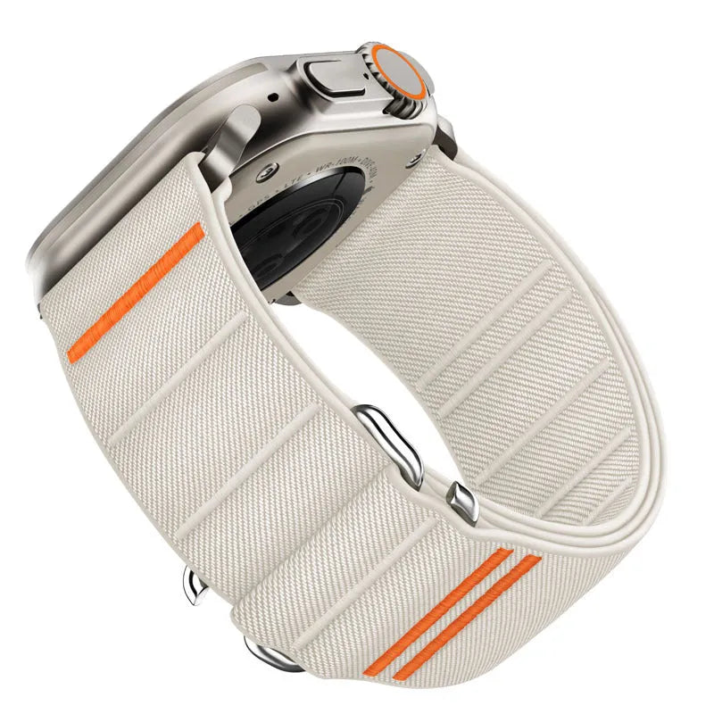 Elastic nylon Apple Watch replacement band with stainless steel buckle in various colours.